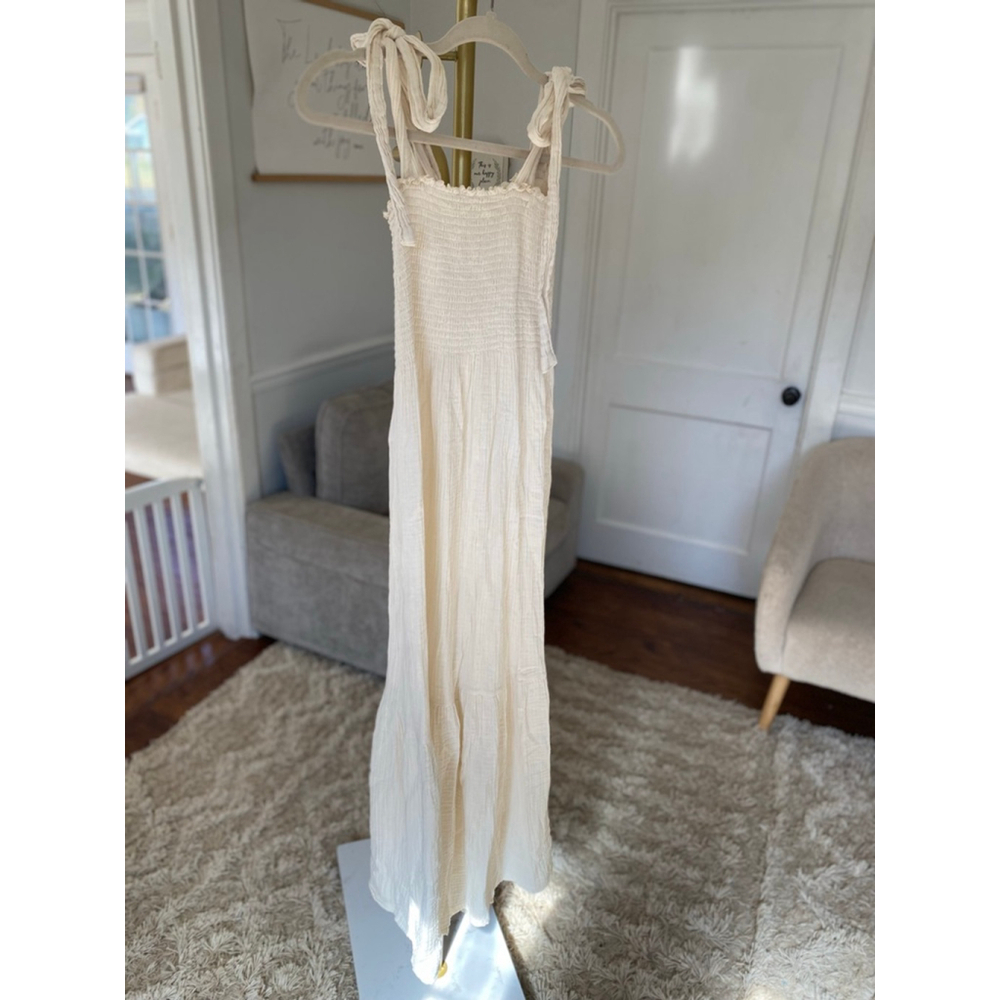 Nothing Fits But Ivory Cotton Gauze Maxi Dress Tie Strap Cottagecore Ethereal - Picture 2 of 10
